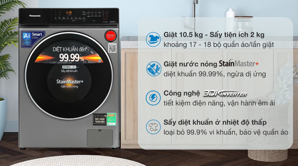 Máy giặt Panasonic Inverter giặt 10.5 kg - sấy tiện ích 2 kg NA-V105FC1LV có tích hợp chức năng sấy và khả năng tiết kiệm điện - vận hành êm ái, an tâm cho người dùng