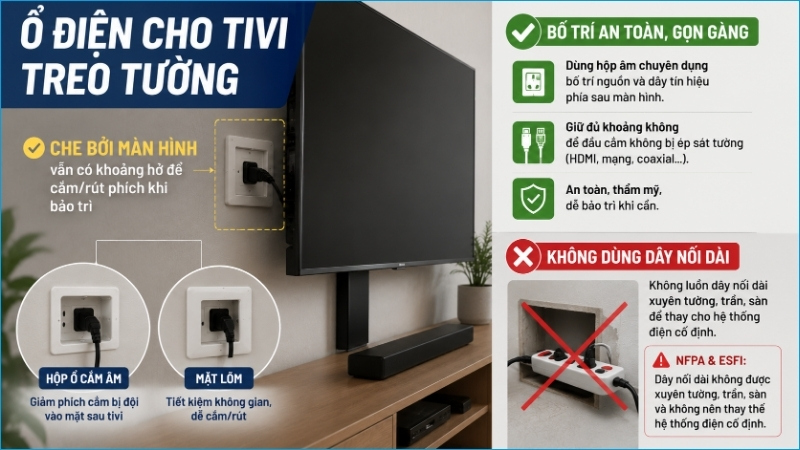 Bố trí ổ điện âm phía sau tivi giúp giấu dây gọn gàng, tránh phích cắm bị ép sát vào màn hình