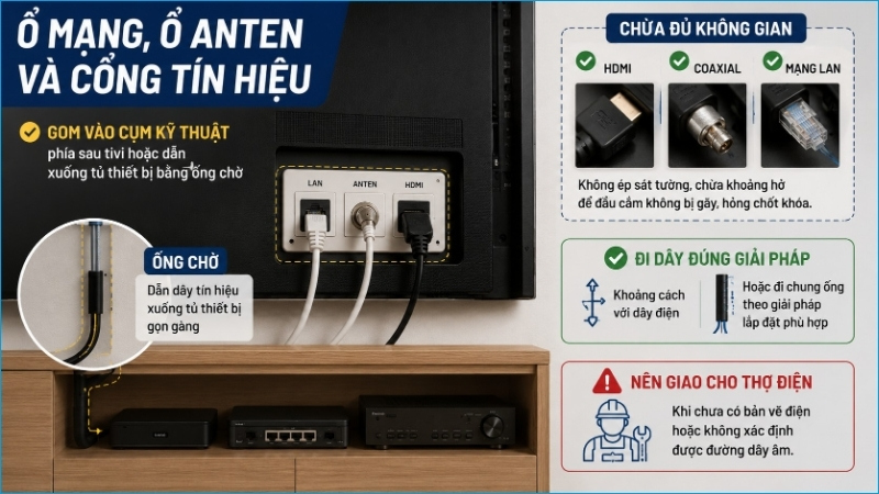 Gom ổ mạng, anten và cổng tín hiệu vào cụm kỹ thuật, đồng thời chừa khoảng trống để đầu cắm không bị gập hoặc chèn ép