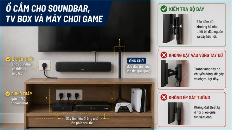 Bố trí ổ cắm riêng cho soundbar và thiết bị giải trí giúp đi dây thuận tiện, thông thoáng và an toàn khi sử dụng