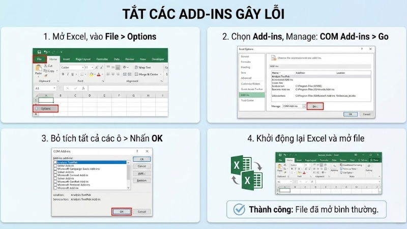 Tắt c&aacute;c Add-ins g&acirc;y lỗi