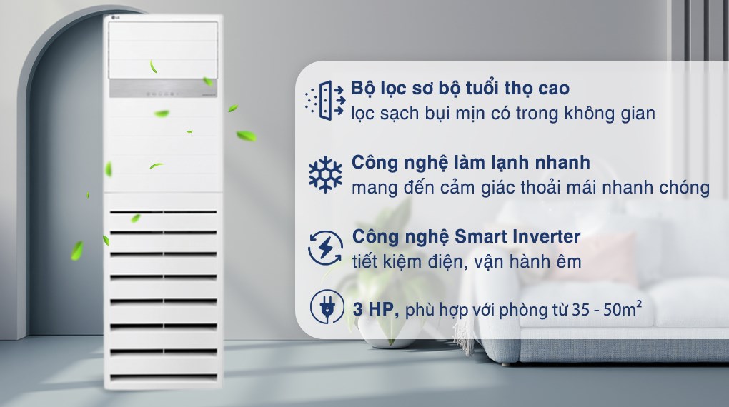 Điều hòa tủ đứng LG Inverter 30000 BTU ZPNQ30GR5E0 có khả năng làm lạnh nhanh, mát đến 50m², tiết kiệm điện, lọc bụi hiệu quả