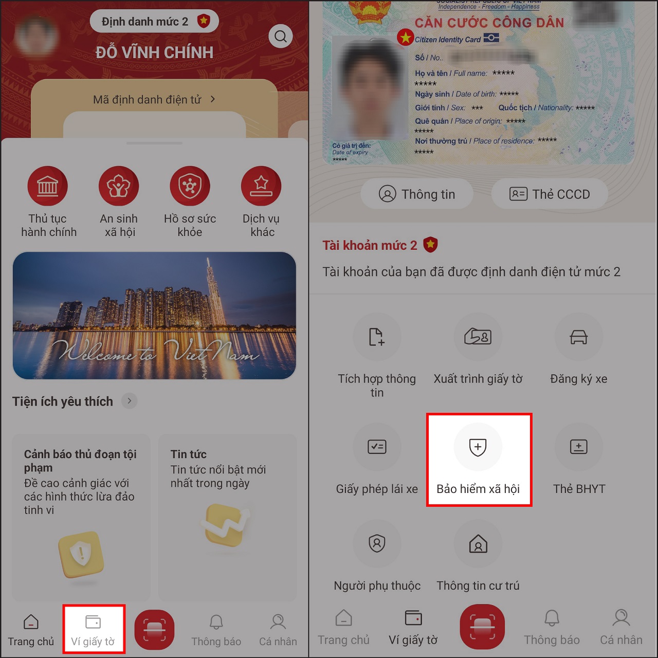 Tại trang chủ, chọn mục Ví giấy tờ rồi nhấn vào Bảo hiểm xã hội để xem thông tin