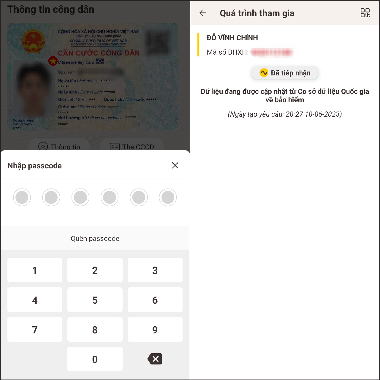 Nhập Passcode của ứng dụng, mã số BHXH sẽ hiện ngay dưới tên của bạn để ghi nhớ dễ dàng