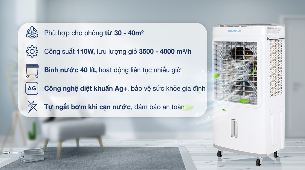 Quạt điều hoà Daikiosan DM102 110W giúp điều hoà căn phòng nhanh chóng