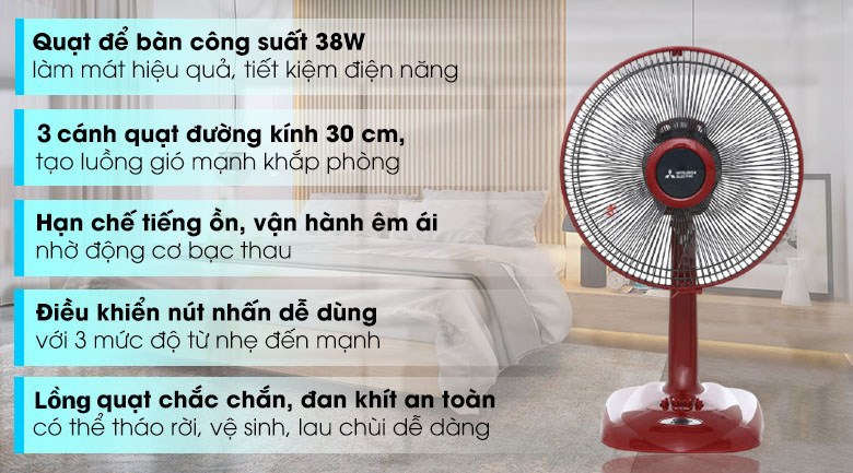Quạt bàn Mitsubishi Electric 3 cánh D12-GV CY-RD 38W màu sắc sang trọng, mang đến không gian mát mẻ cho gia đình