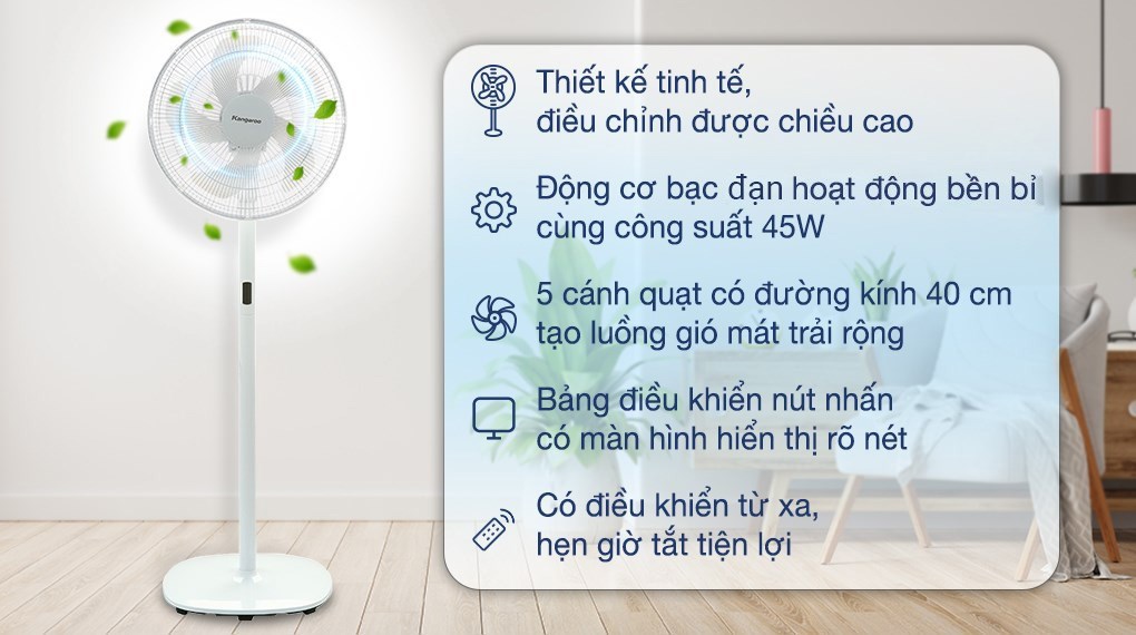 Quạt đứng Kangaroo 5 cánh KG726 45W thiết kế sang trọng, nhiều tính năng hiện đại, làm mát không gian hiệu quả