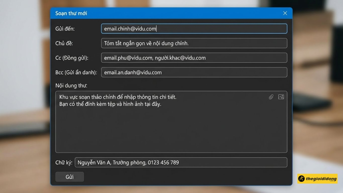 C&aacute;c th&agrave;nh phần trong giao diện soạn email