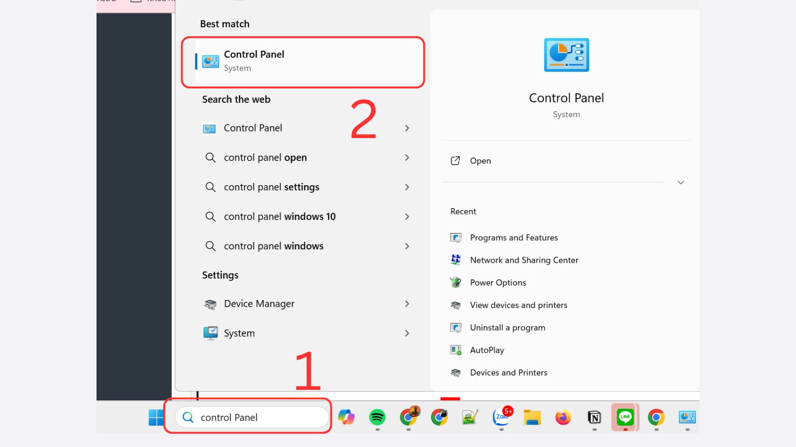 Nhập ô tìm Control Panel