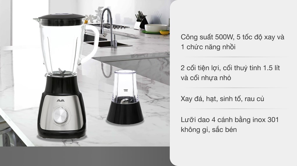 Máy xay sinh tố đa năng AVA BL1055-CB có thiết kế sang trọng, xay được nhiều loại thực phẩm