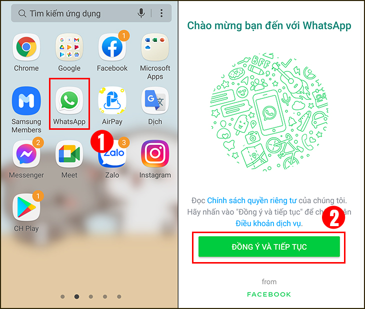 Mở ứng dụng WhatsApp, Nhấn Đồng ý và tiếp tục để đồng ý với các chính sách của ứng dụng. Mở ứng dụng WhatsApp, Nhấn Đồng ý và tiếp tục để đồng ý với các chính sách của ứng dụng.