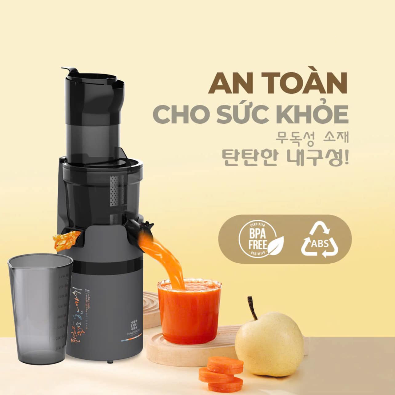 Chất liệu Tritan không BPA, trục ép bền bỉ, máy Hawonkoo SJH-002-GR an toàn cho sức khỏe