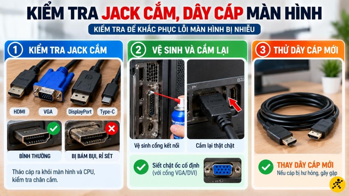 Kiểm tra jack cắm, dây cáp nối màn hình với CPU Kiểm tra jack cắm, dây cáp nối màn hình với CPU