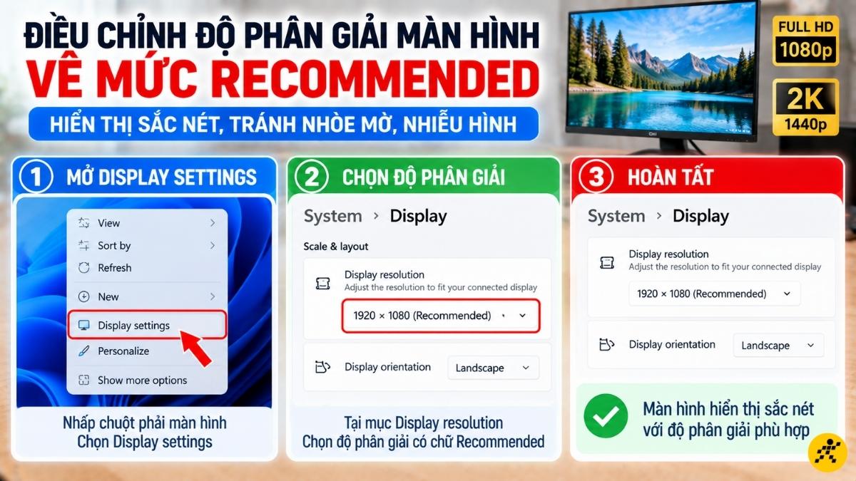 Điều chỉnh độ phân giải màn hình về mức Recommended Điều chỉnh độ phân giải màn hình về mức Recommended