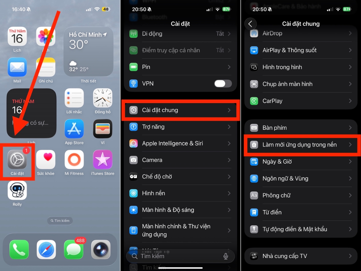 Cài đặt chung > Làm mới ứng dụng trong nền Cài đặt chung > Làm mới ứng dụng trong nền