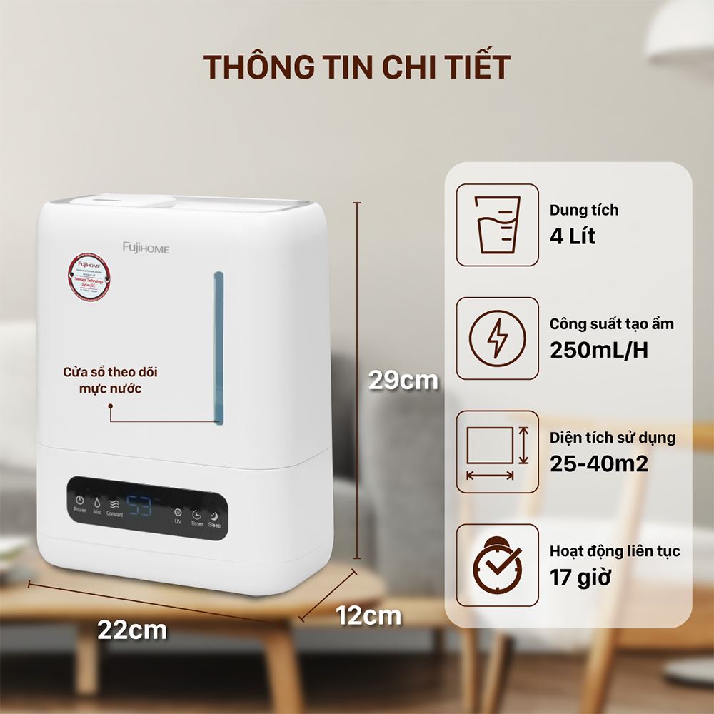 Máy tạo ẩm khuếch tán tinh dầu FUJIHOME HM04EUV nhỏ gọn, sang trọng, phù hợp với mọi không gian