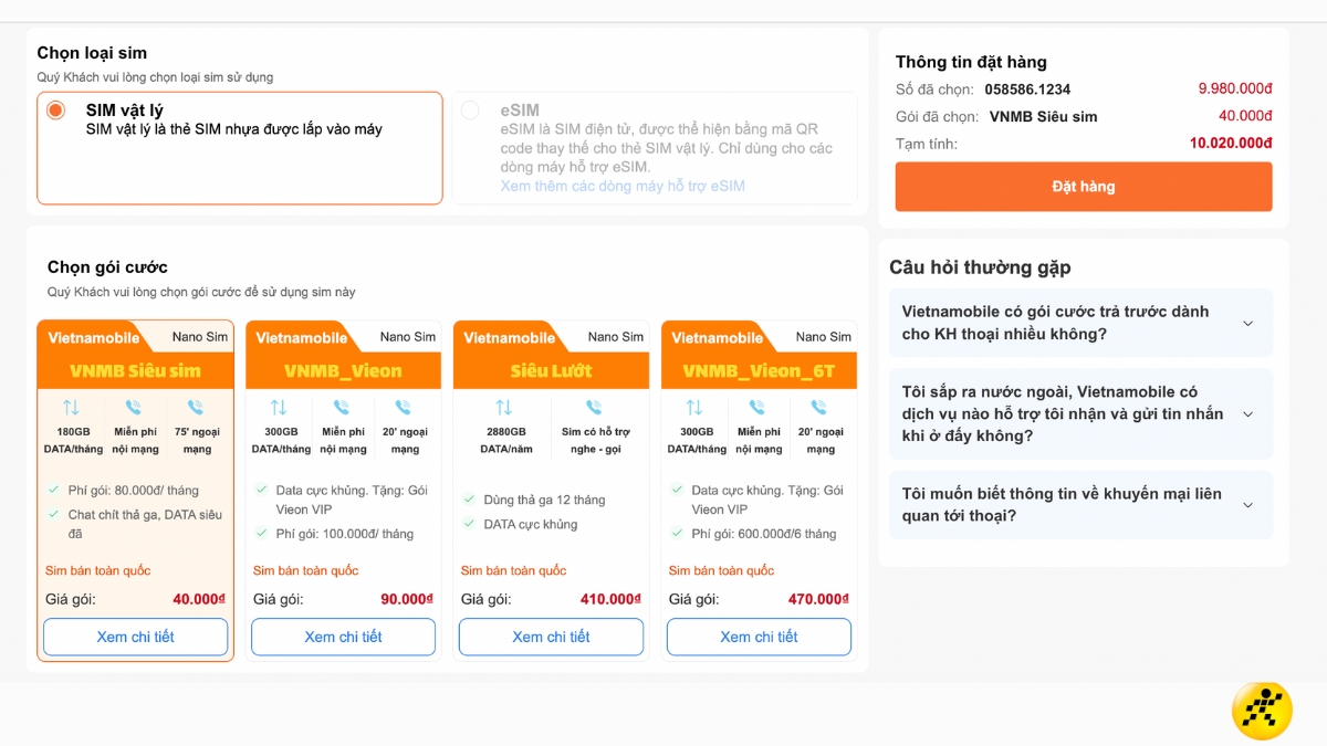 Chọn loại SIM v&agrave; g&oacute;i cước