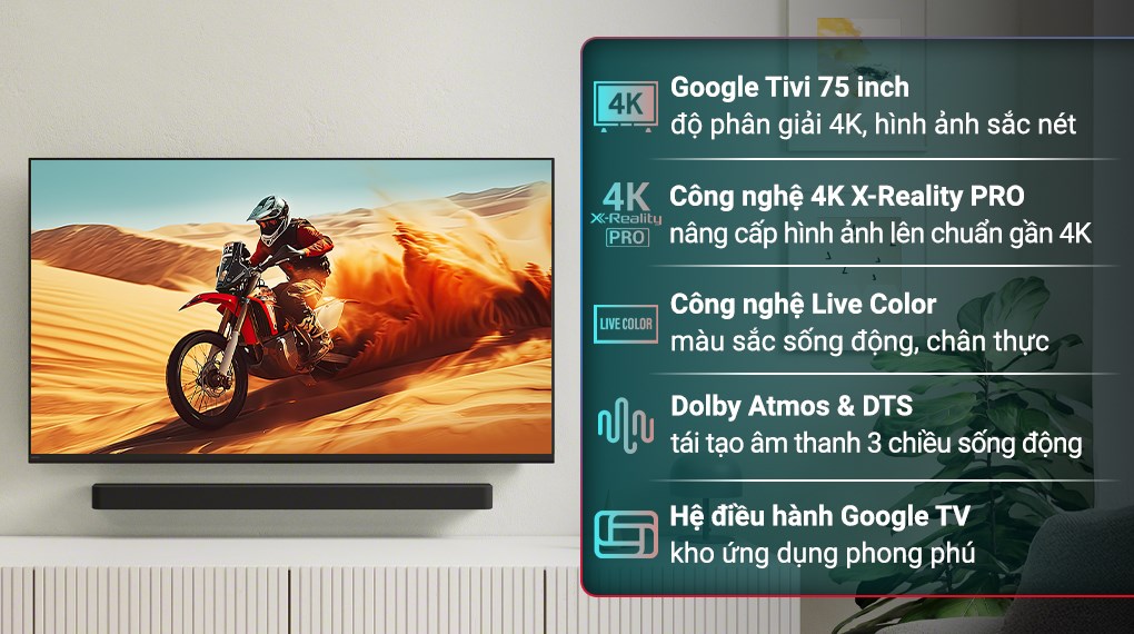 Google Tivi Sony 4K 75 inch K-75S25VM2 mang đến hình ảnh chi tiết và rõ ràng, cho trải nghiệm xem sống động trên màn hình lớn 75 inch