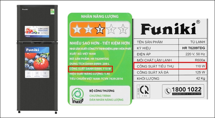 Điện năng tiêu thụ của tủ lạnh Funiki 209 lít HR T6209TDG là 2,64 kWh