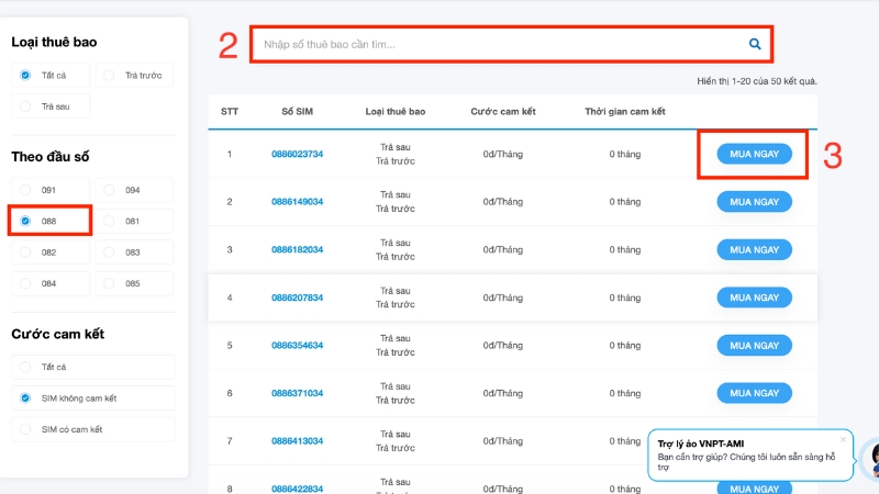 Chọn đầu số 088 y&ecirc;u th&iacute;ch v&agrave; chọn Mua ngay