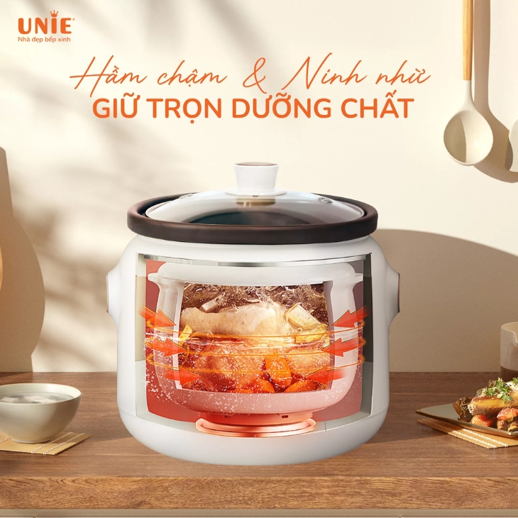 Nồi nấu chậm Unie 2 USC208 có dung tích 2 lít, kết hợp công suất 200W và lòng nồi bằng gốm Ceramic