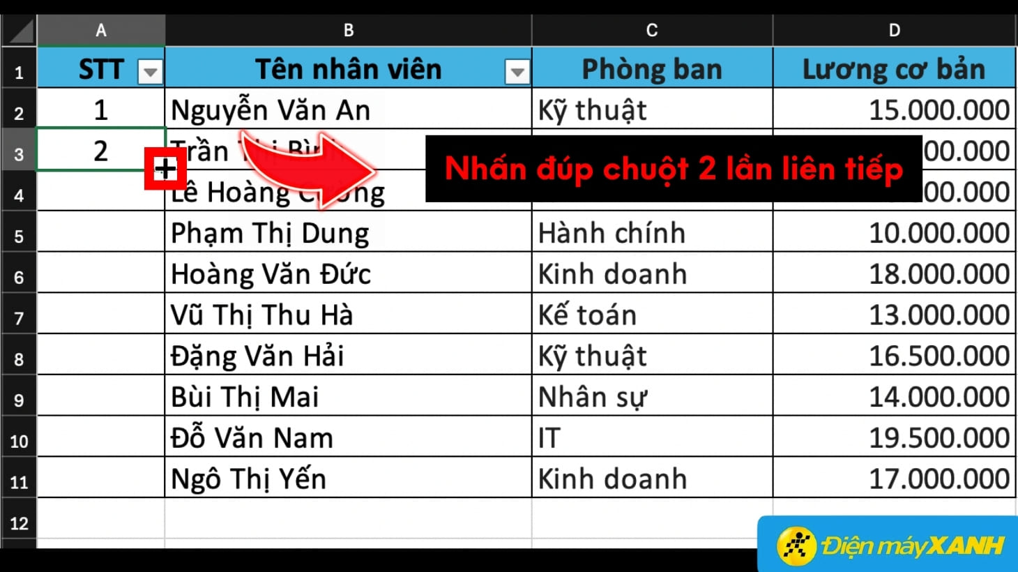 Chọn vào dấu cộng và nhấn đúp chuột trái để đánh số thứ tự tự động 