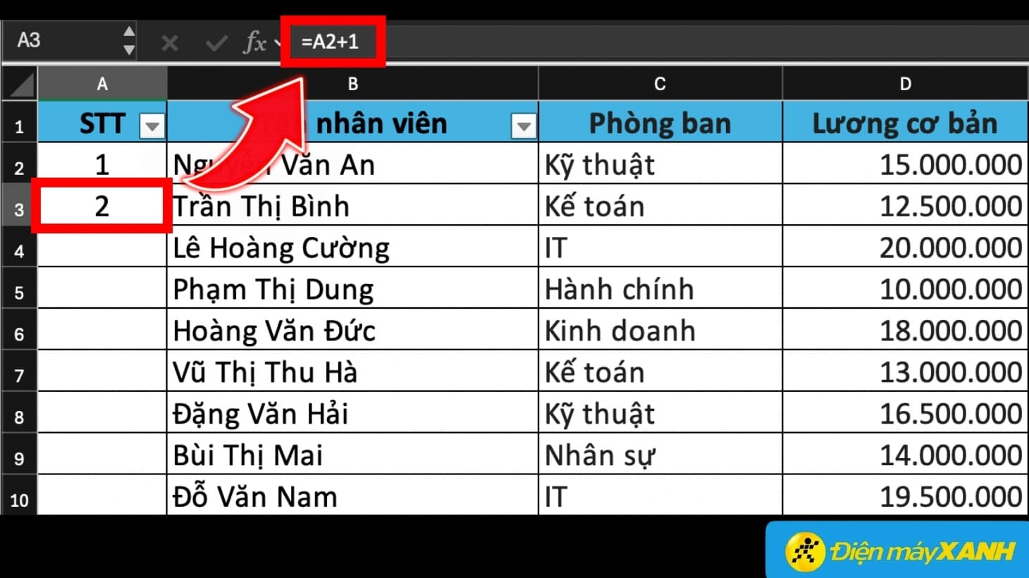 Nhập công thức đánh số thứ tự đơn giản trong Excel