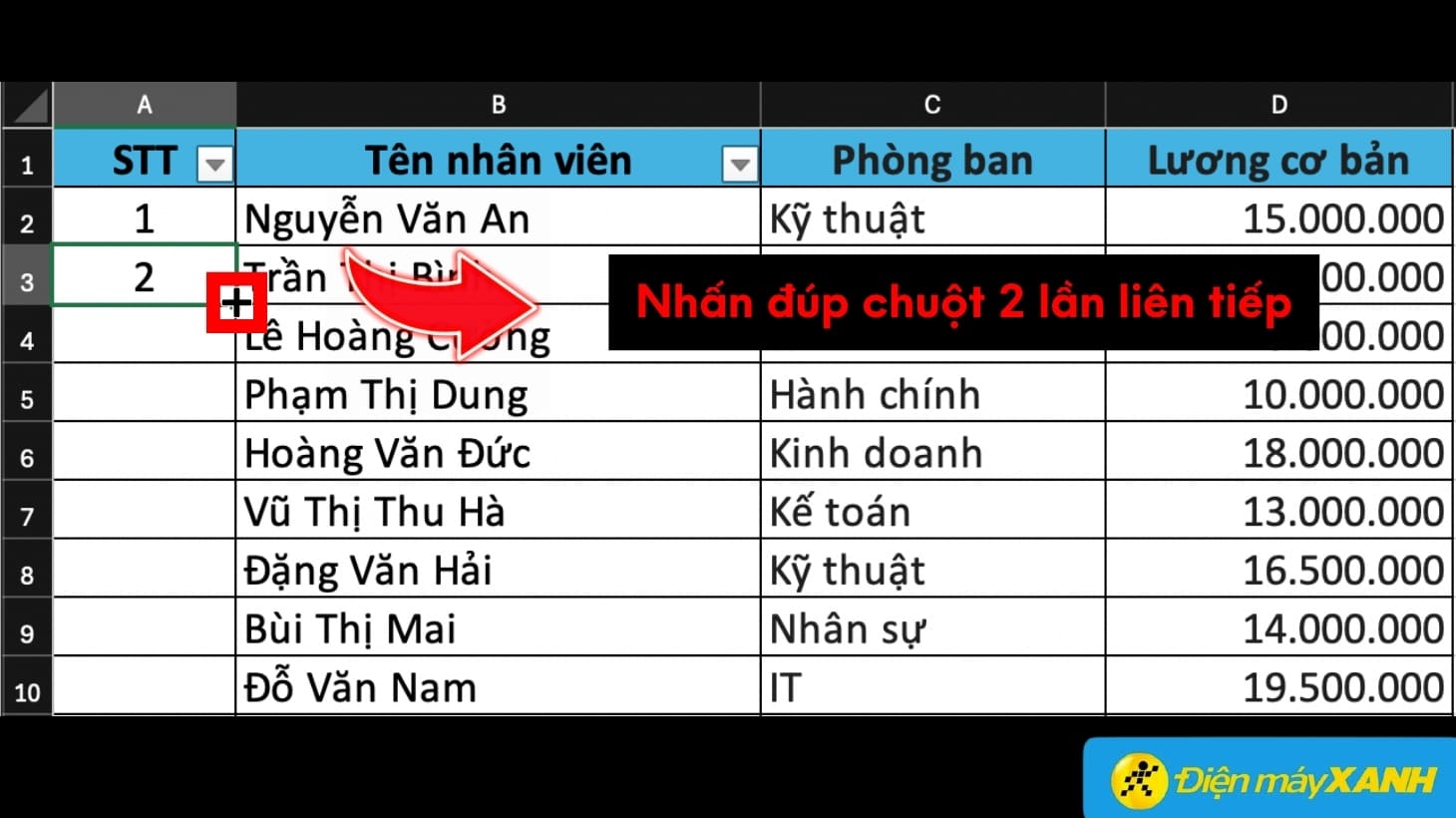Nhấn đúp chuột trái vào dấu cộng ở góc phải bên dưới của ô công thức