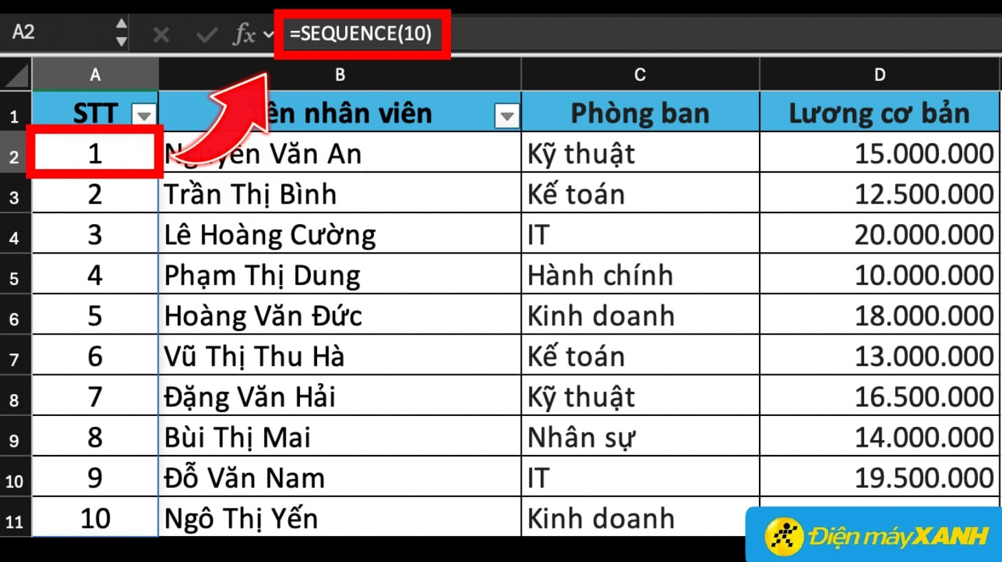 Sử dụng hàm SEQUENCE để đánh số thứ tự tự động trong Excel