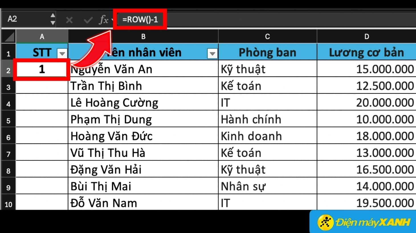 Nhập công thức =ROW() - 1 vào ô bắt đầu đánh số thứ tự