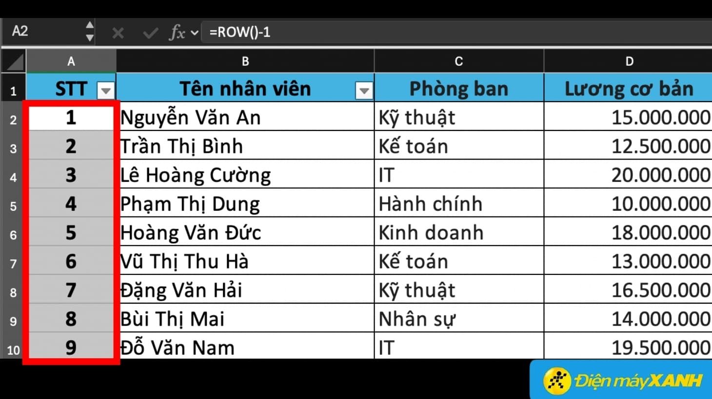 Nhấn đúp chuột trái vào dấu cộng ở góc phải bên dưới ô A2 để fill công thức tự động 