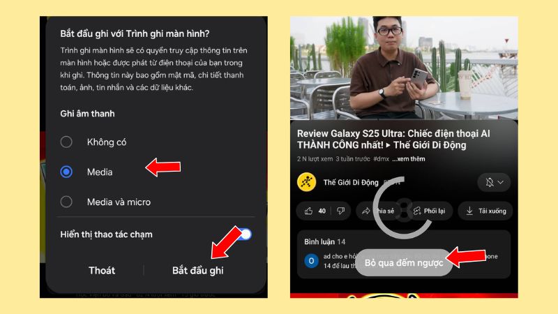 Bấm bắt đầu ghi, chờ trong 3 giây để điện thoại bắt đầu quay Bấm bắt đầu ghi, chờ trong 3 giây để điện thoại bắt đầu quay