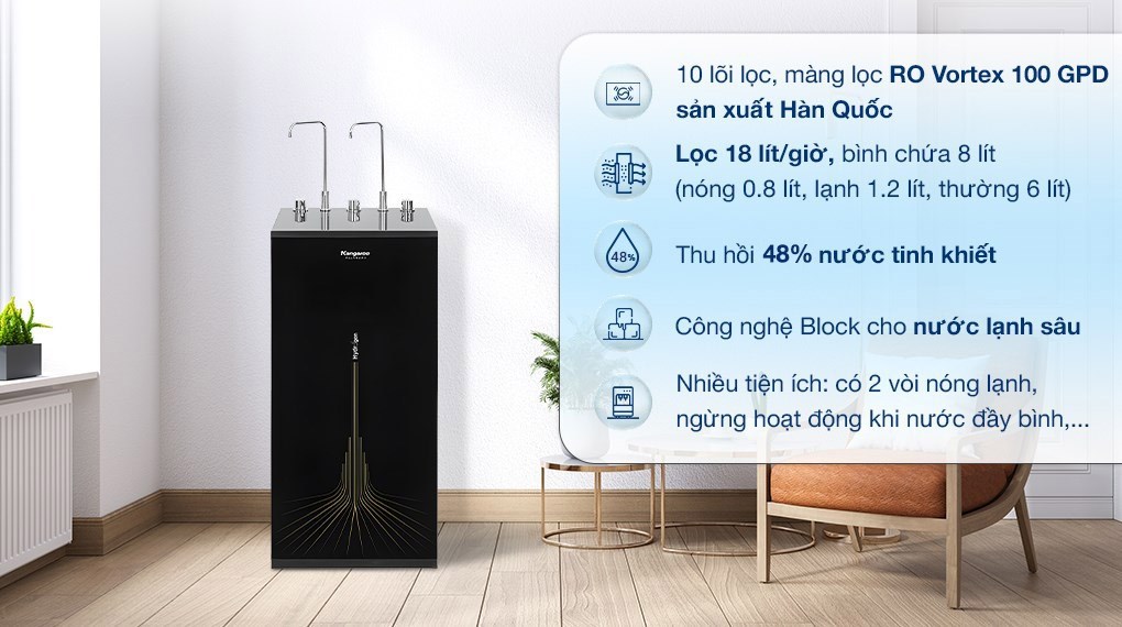 Máy lọc nước RO nóng nguội lạnh Hydrogen Kangaroo KG10A13 10 lõi trang bị màng lọc RO Vortex 100 GPD sản xuất tại Hàn Quốc giúp nguồn nước sạch tinh khiết
