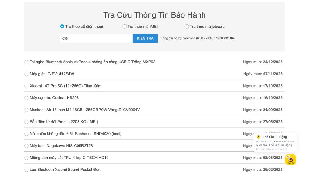 Th&ocirc;ng tin sản phẩm đ&atilde; mua, thời gian bảo h&agrave;nh sẽ hiện đầy đủ