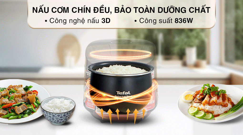 Nồi cơm điện tử Tefal 1.8 lít RK737868 có công suất 750W giúp cơm chín ngon