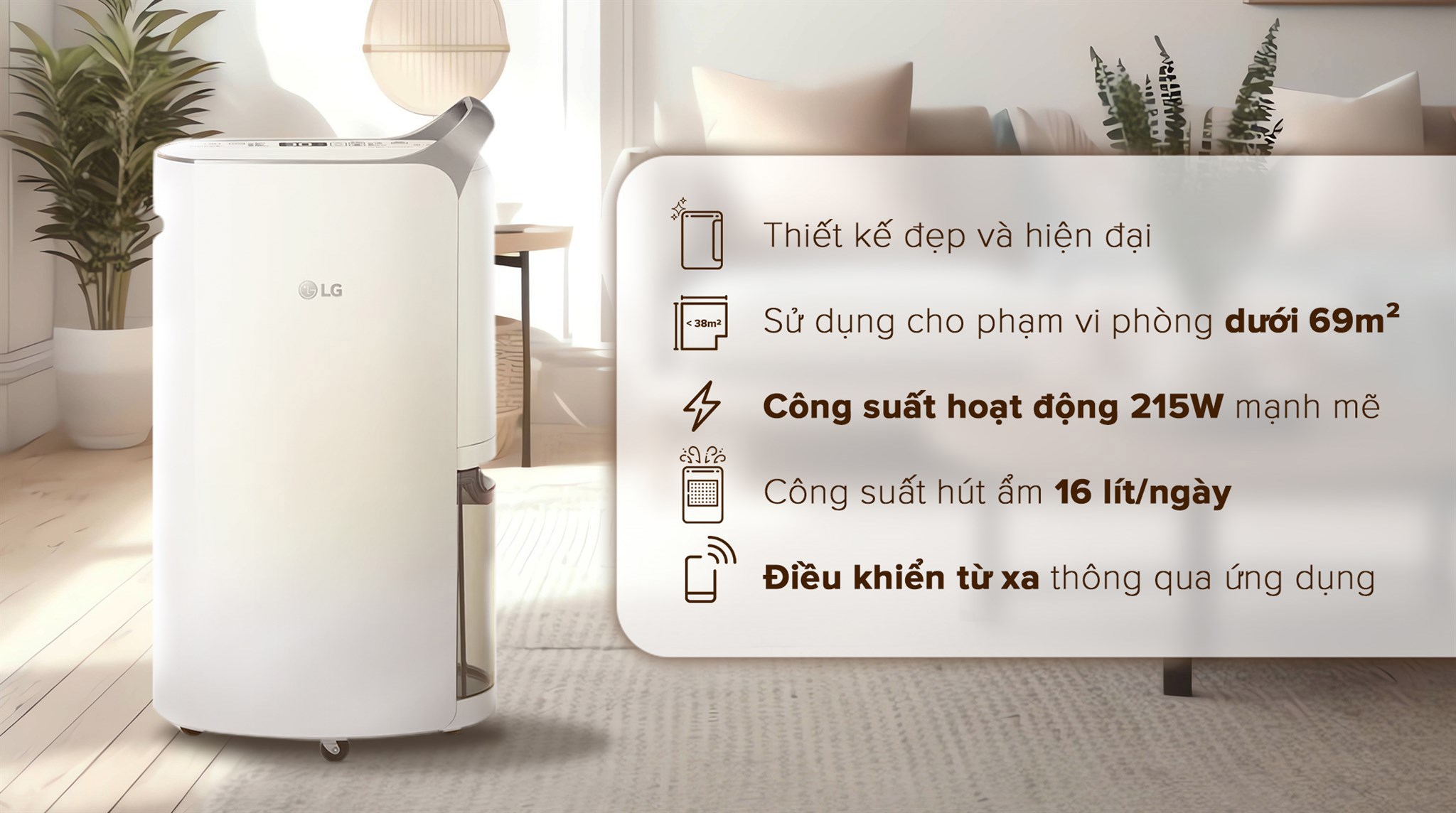 Máy hút ẩm LG Dual Inverter 16L MD16GQSE0.ABAE đến từ thương hiệu LG uy tín