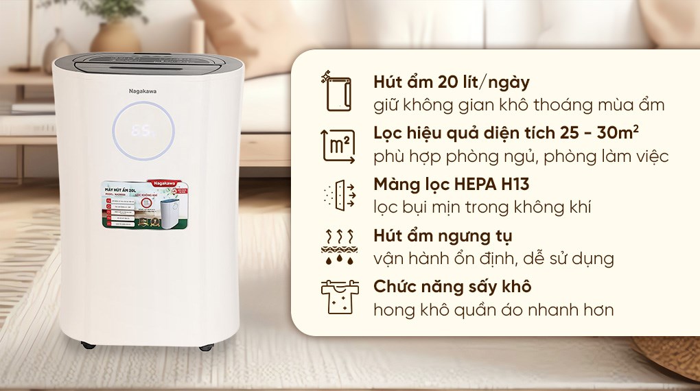 Máy hút ẩm kết hợp lọc không khí Nagakawa NAD8559 có thiết kế nhỏ gọn, hiện đại, hút ẩm hiệu quả với không gian có diện tích dưới 32m2