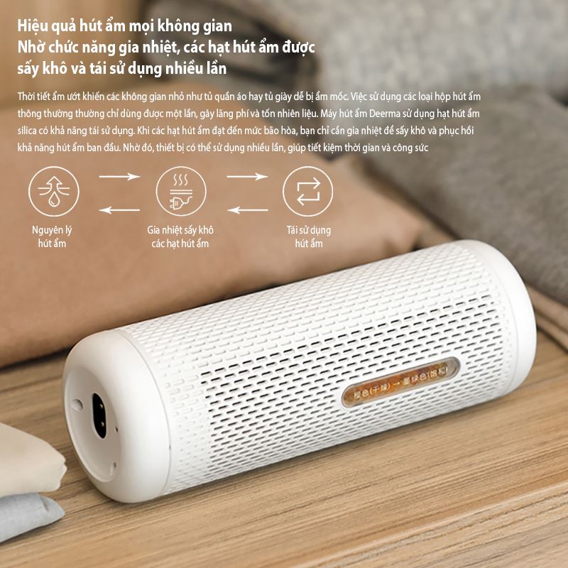 Máy hút ẩm mini Deerma CS50M nổi bật với thiết kế nhỏ gọn và công nghệ hút ẩm bằng hạt Silica Gel