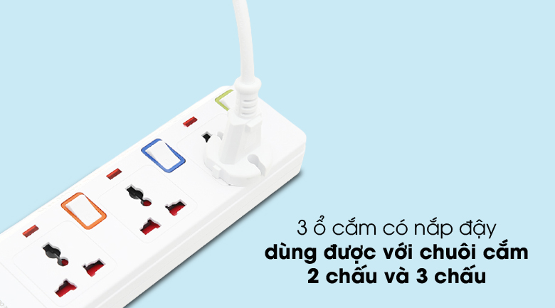 Ổ cắm điện Sunhouse 3 lỗ 2.5m SHE-OC2-3R có 3 lỗ cắm dùng 2 chấu hoặc 3 chấu, tiện kết nối nhiều thiết bị