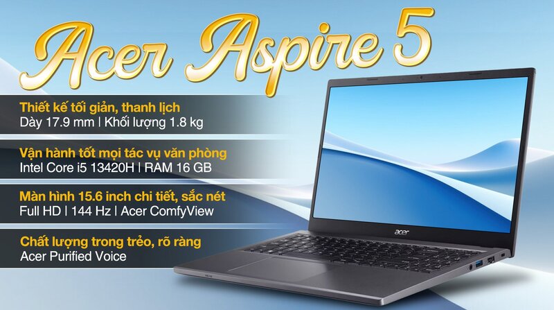Acer Aspire 5 A515-58GM thiết kế mỏng nhẹ, cấu hình Intel Core i5 13420H và RTX 2050 Acer Aspire 5 A515-58GM thiết kế mỏng nhẹ, cấu hình Intel Core i5 13420H và RTX 2050