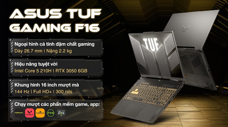 Laptop Asus TUF Gaming F16 FX607VJ (RL034W) có màn 16 inch Full HD+ rộng hơn mức 15.6 inch phổ biến, đi cùng RTX 3050 bản 6GB Laptop Asus TUF Gaming F16 FX607VJ (RL034W)