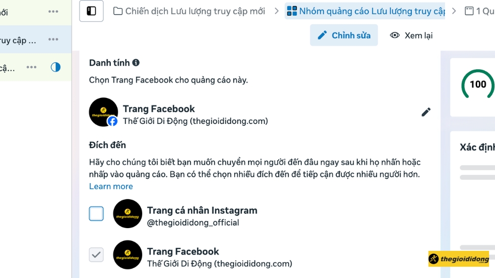 Chọn Trang/Fanpage đứng t&ecirc;n quảng c&aacute;o