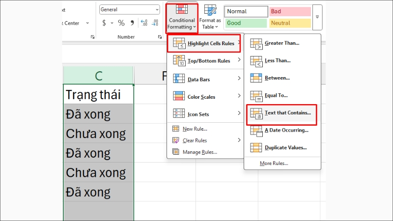 Chọn Text that Contains