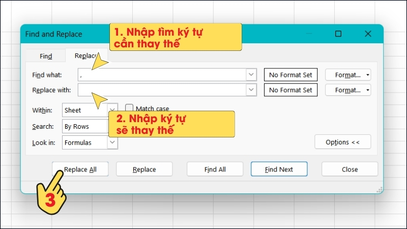 Nhấn tổ hợp phím Ctrl + J và nhấn Replace All