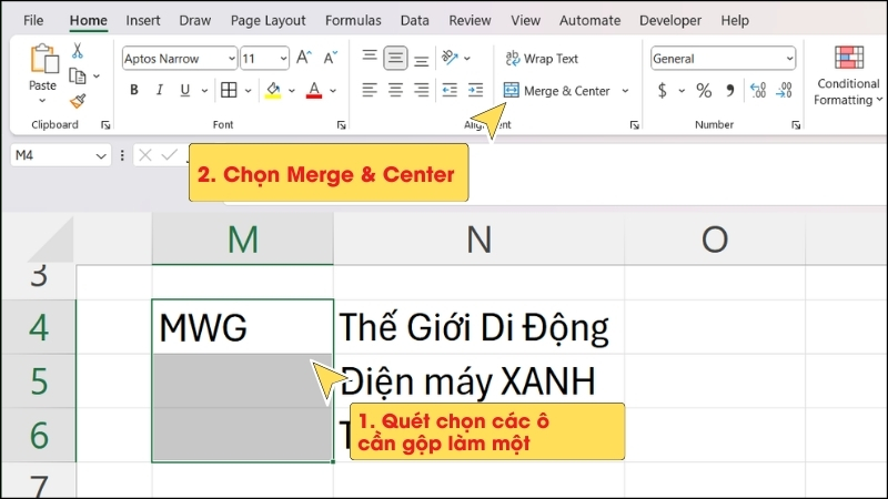 Quét chọn các ô cần gộp > Trong thẻ Home chọn Merge & Center