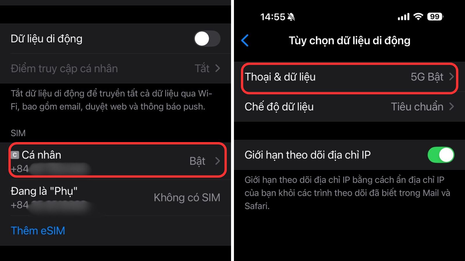 Chọn SIM > Thoại và Dữ liệu