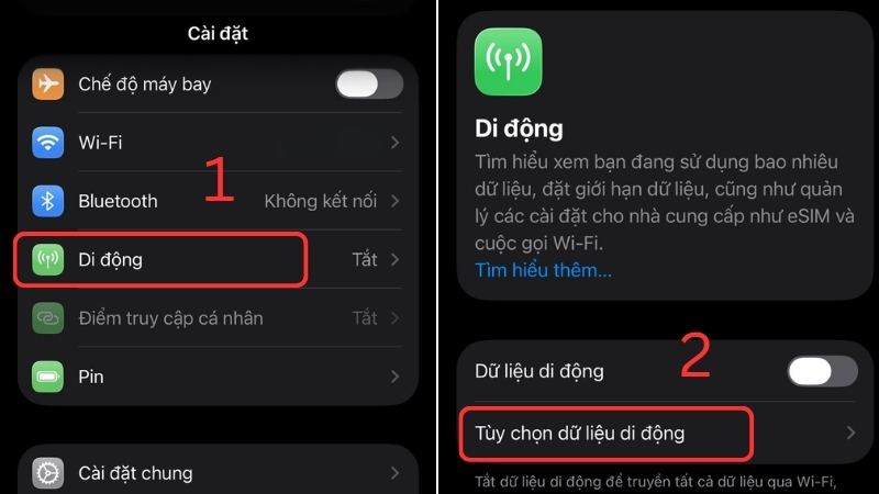 Bạn hãy tìm mục Tùy chọn dữ liệu di động trong Cài đặt Bạn hãy tìm mục Tùy chọn dữ liệu di động trong Cài đặt