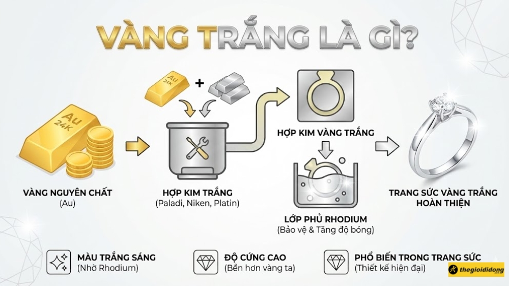 V&agrave;ng trắng l&agrave; sự kết hợp giữa v&agrave;ng nguy&ecirc;n chất với c&aacute;c kim loại qu&yacute; c&oacute; m&agrave;u trắng
