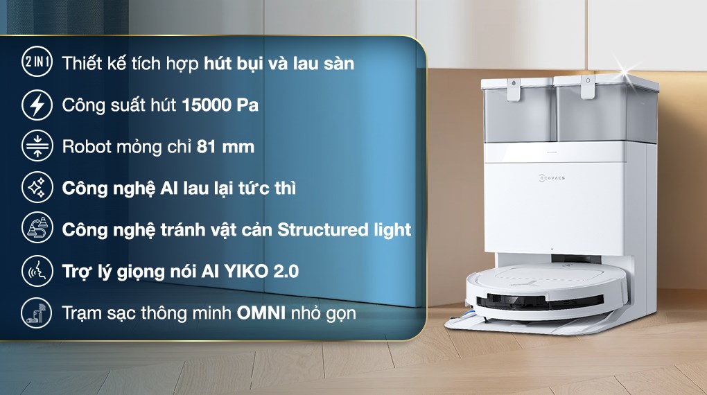 Robot hút bụi lau nhà Ecovacs Deebot T50 OMNI vừa có khả năng hút bụi vừa lau sàn tốt
