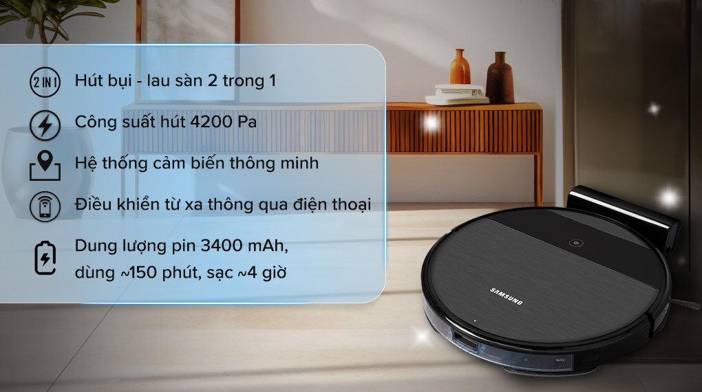 Robot hút bụi lau nhà Samsung Powerbot-e Vr5000 có khả năng tự động thiết lập bản đồ trong nhà bằng cảm biến LiDAR, giúp vệ sinh dễ dàng các ngóc nghách trong nhà